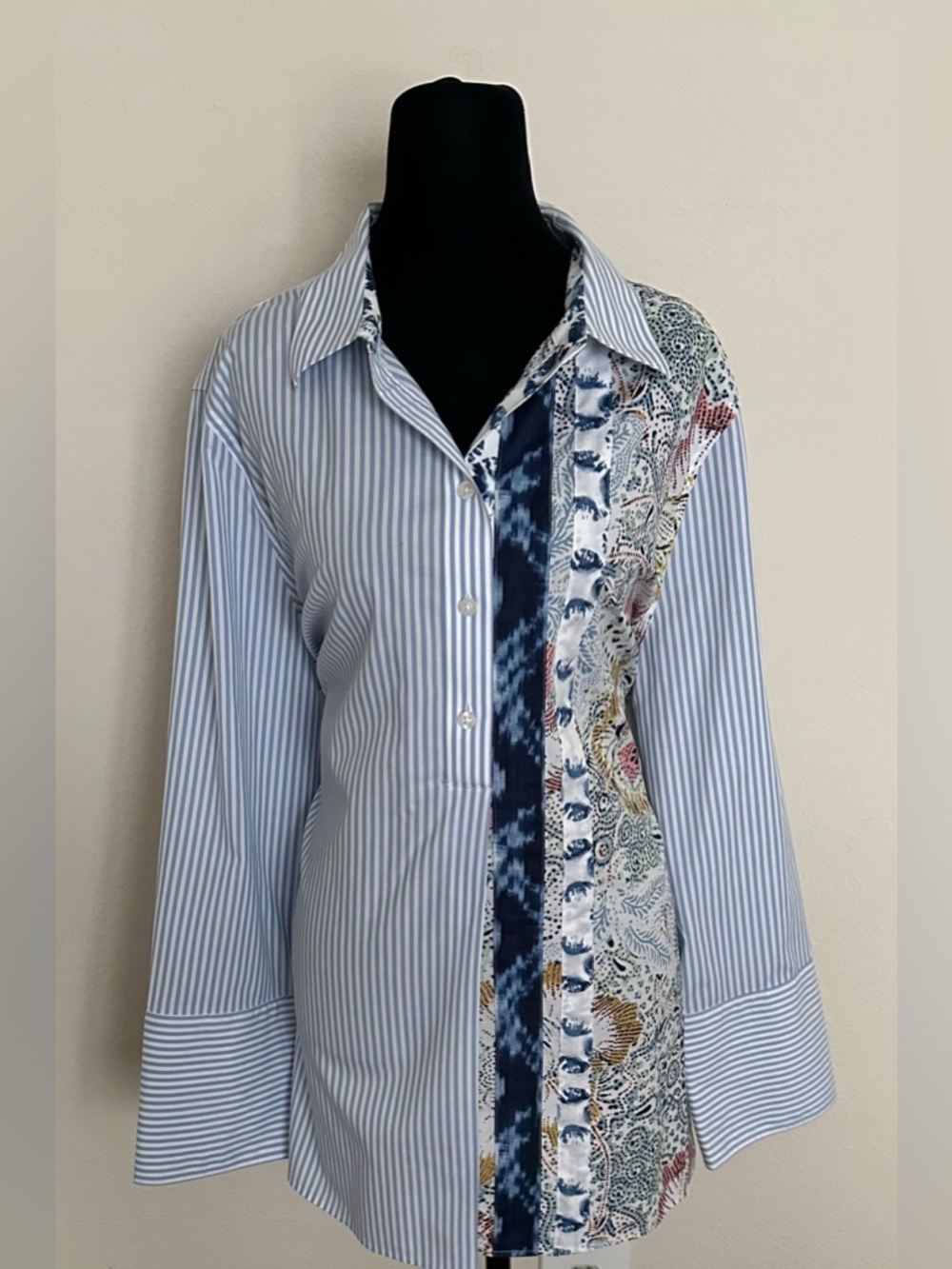 Chico's No Iron Popover Blouse Blue & White Striped Button-Front Shirt